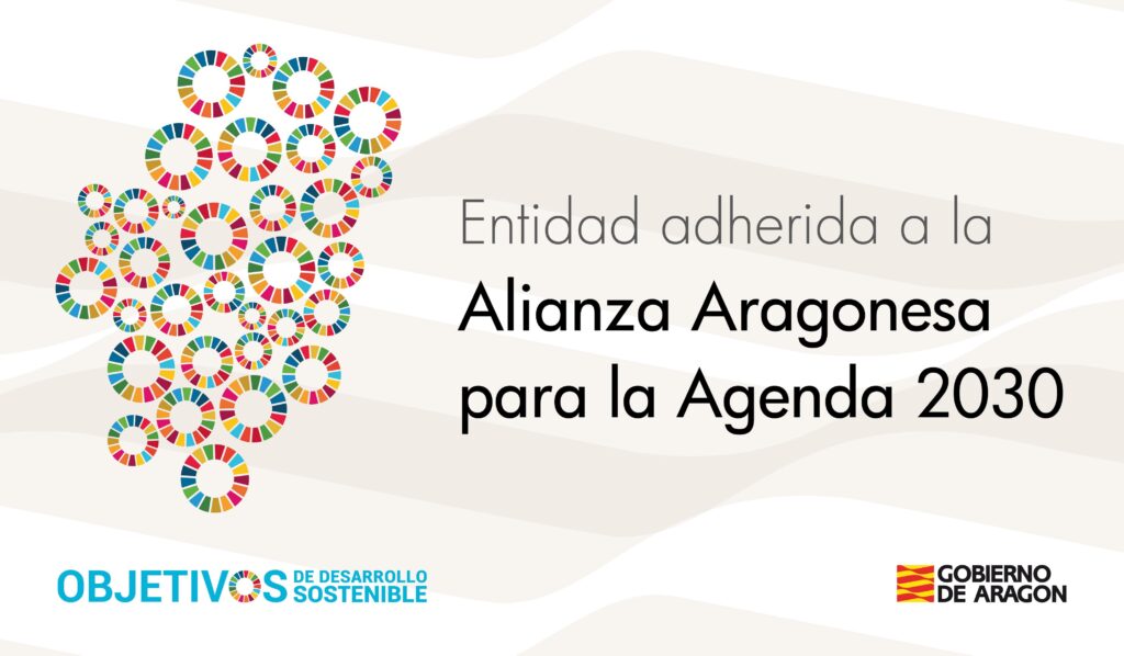 Logotipo con el perfil de Aragon relleno con circulo sde la agenda 2030 y el siguiente texto de "Entidad Adherida a la Alianza Aragonesa par a la Agenda 2030" del Gobierno de Aragón