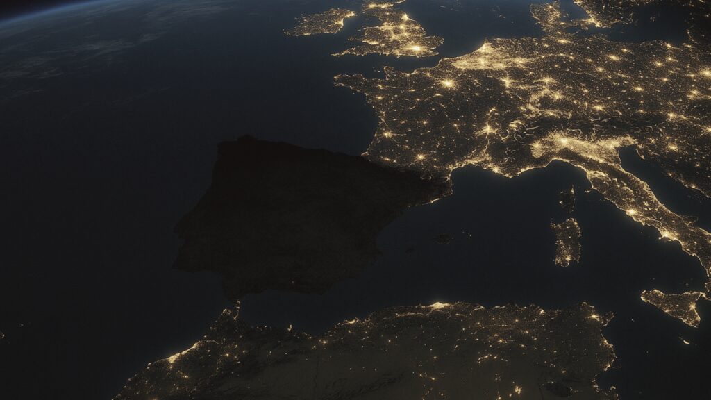 Imagen generada por IA donde se ve la Peninsula Ibérica desde el espacio sin luz